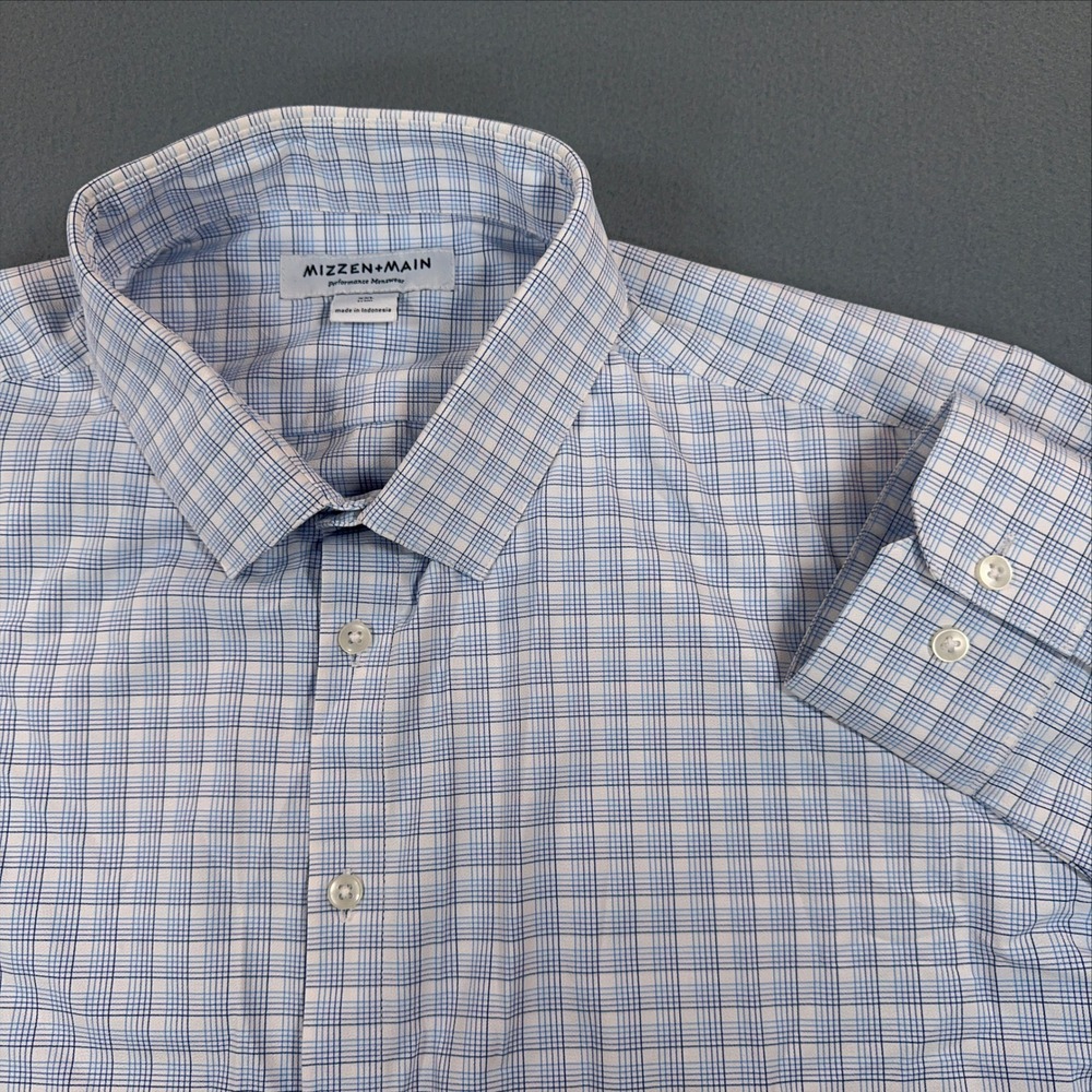 Mizzen+Main Performance Menswear Trim Fit Plaid Dress Shirt Blue White XXL